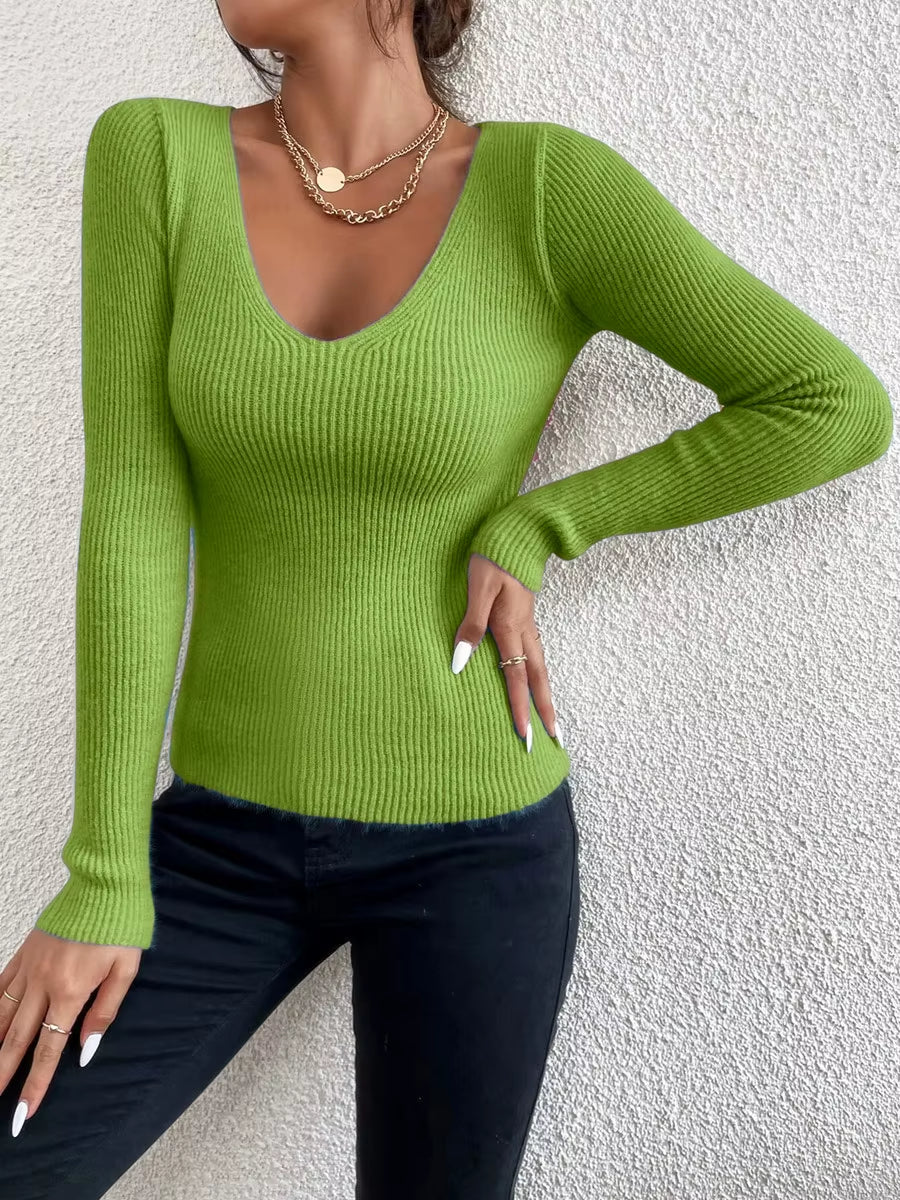 Women's Solid Rib Knit V-Neck Stripe Pullover Sweater - Long Sleeve Fashion Top for Transitional Seasons