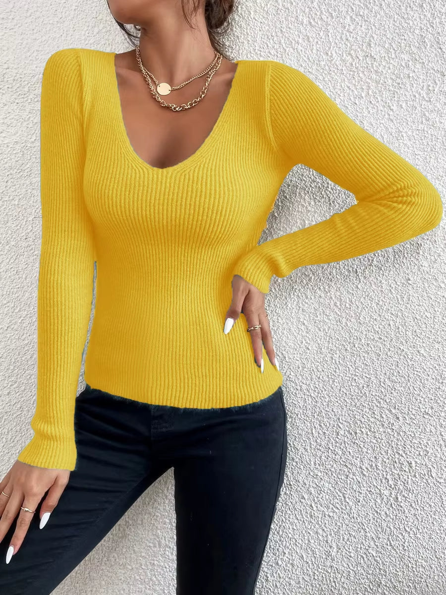 Women's Solid Rib Knit V-Neck Stripe Pullover Sweater - Long Sleeve Fashion Top for Transitional Seasons