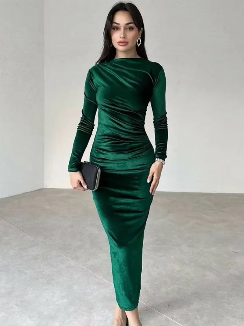 2025 Spring Elegant O-Neck Velvet Mid-Calf Dress for Women with Long Sleeves and High Waist Bodycon Design for Evening Parties