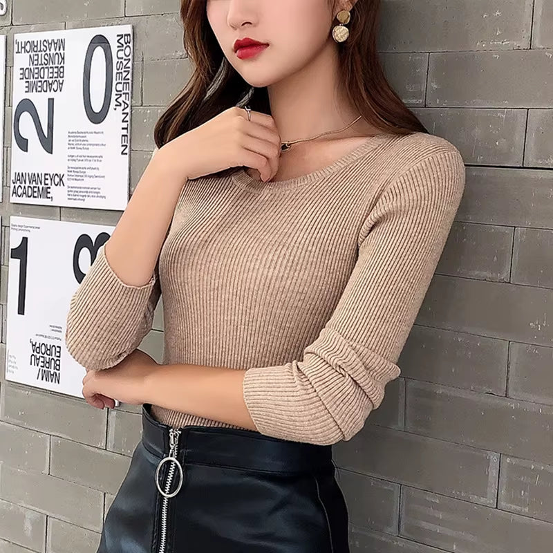 Winter-Spring Women's Crew Neck Striped Knit Sweater - Slim Stretchable Korean Pullover Top