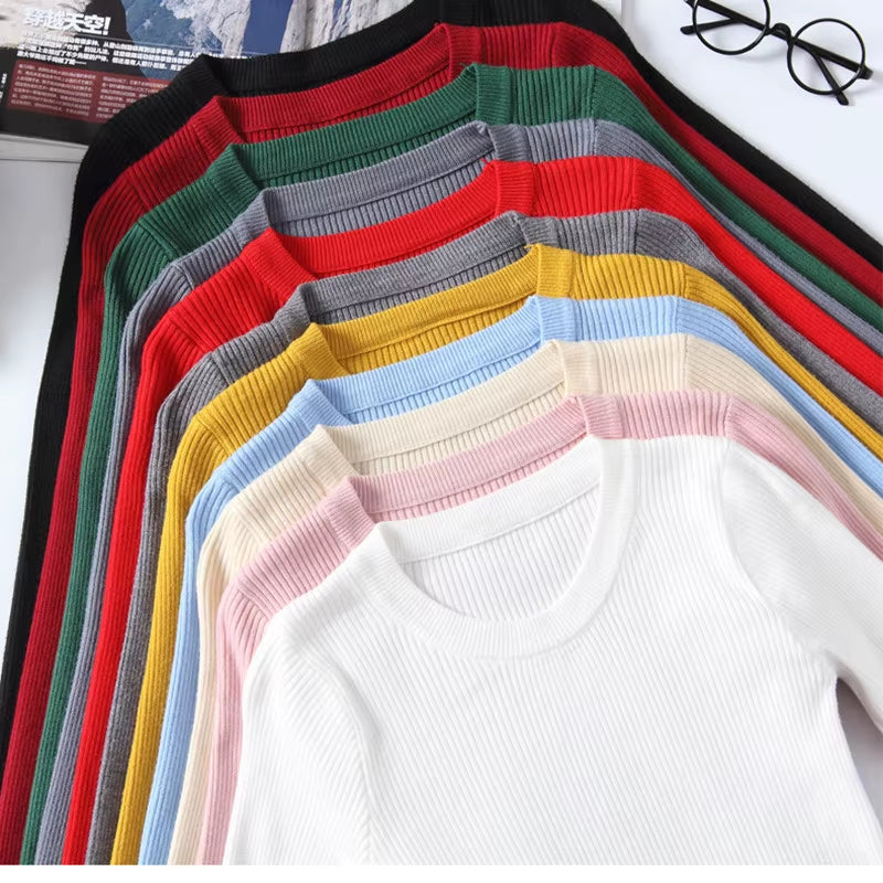 Winter-Spring Women's Crew Neck Striped Knit Sweater - Slim Stretchable Korean Pullover Top