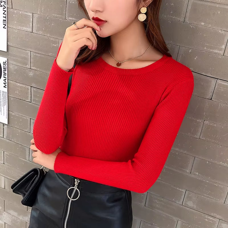 Winter-Spring Women's Crew Neck Striped Knit Sweater - Slim Stretchable Korean Pullover Top