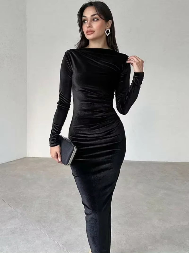 2025 Spring Elegant O-Neck Velvet Mid-Calf Dress for Women with Long Sleeves and High Waist Bodycon Design for Evening Parties