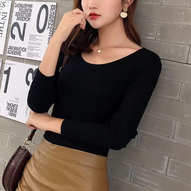 Winter-Spring Women's Crew Neck Striped Knit Sweater - Slim Stretchable Korean Pullover Top