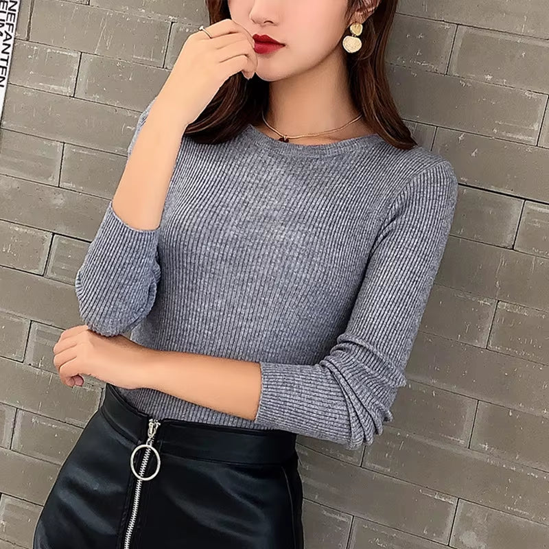 Winter-Spring Women's Crew Neck Striped Knit Sweater - Slim Stretchable Korean Pullover Top