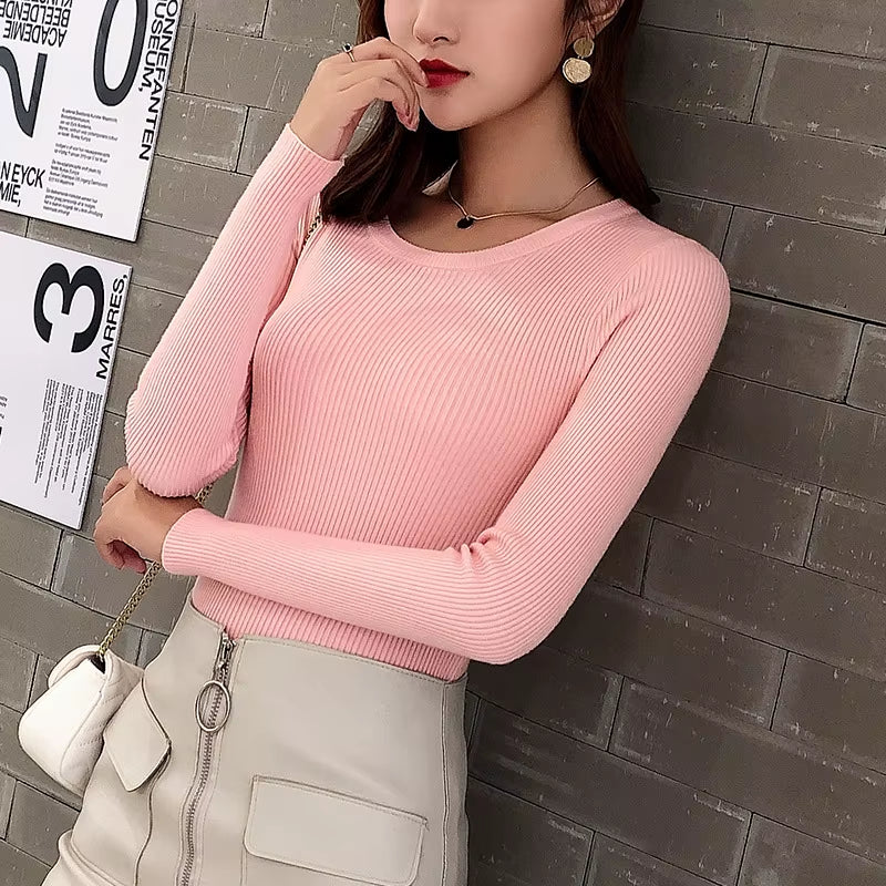 Winter-Spring Women's Crew Neck Striped Knit Sweater - Slim Stretchable Korean Pullover Top