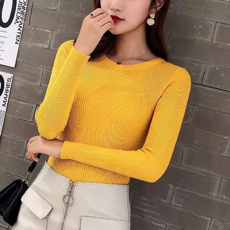 Winter-Spring Women's Crew Neck Striped Knit Sweater - Slim Stretchable Korean Pullover Top