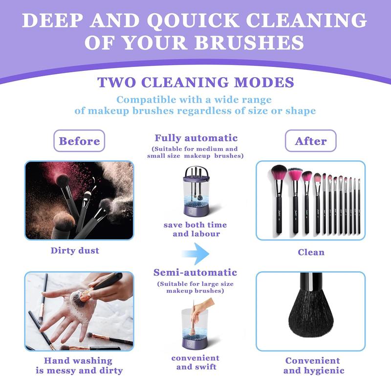 Electric Makeup Brush Cleaner Machine, Automatic Spinning Make up Brush Cleaner with 1200 Mah Rechargeable Battery, Portable Cosmetic Brush Cleaner Dryer Tool for All Size Makeup Brush (Purple) Compact Lightweight Flawless Cleansing