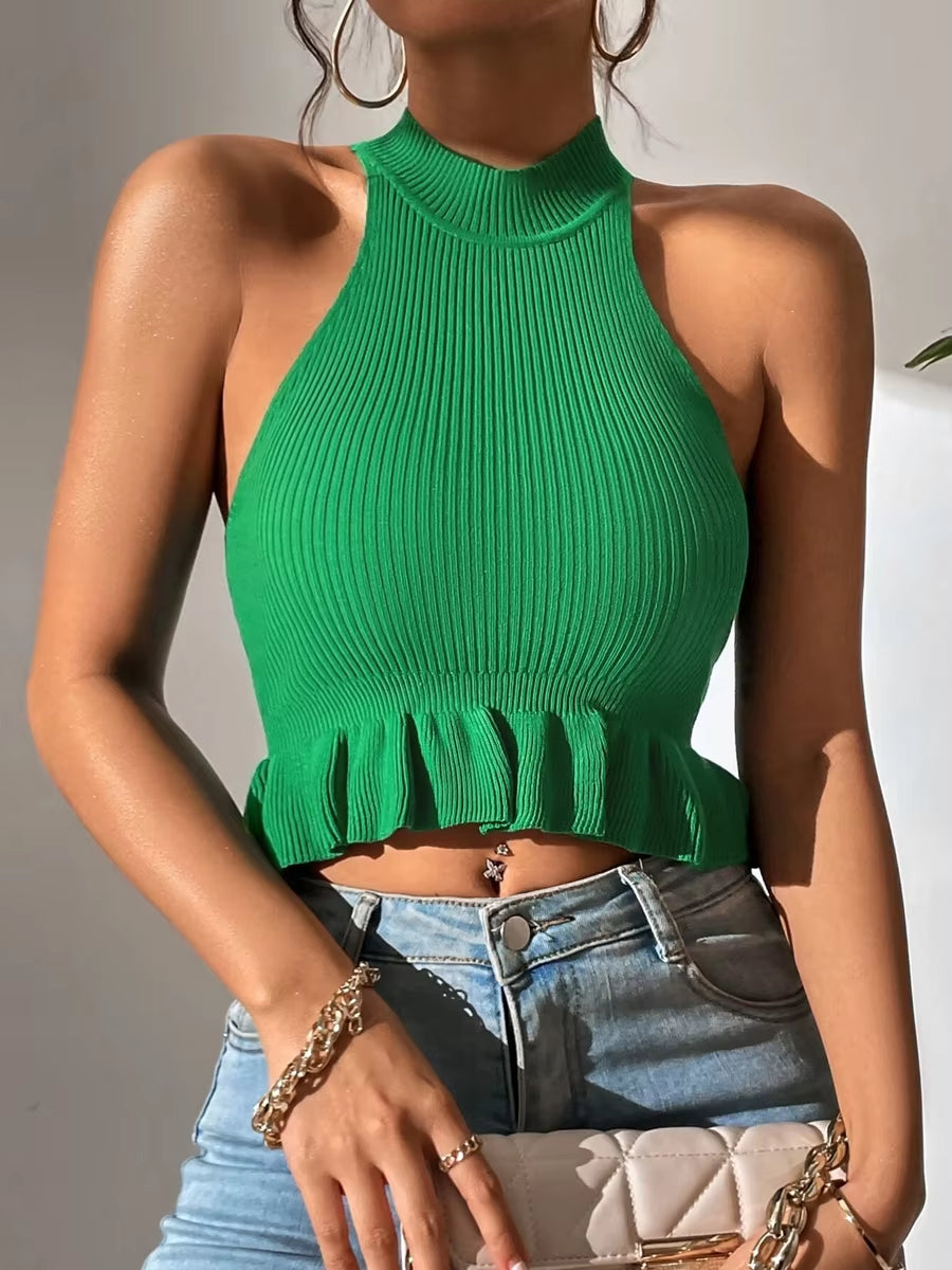 Women's Sleeveless Ruffle Hem Crop Knit Top - Casual Corset Tank for Spring/Summer