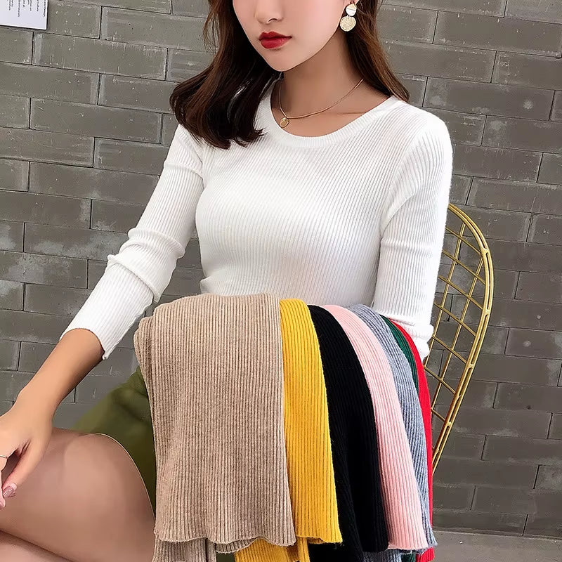 Winter-Spring Women's Crew Neck Striped Knit Sweater - Slim Stretchable Korean Pullover Top