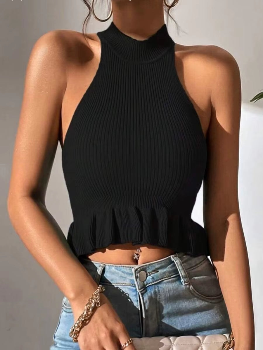 Women's Sleeveless Ruffle Hem Crop Knit Top - Casual Corset Tank for Spring/Summer