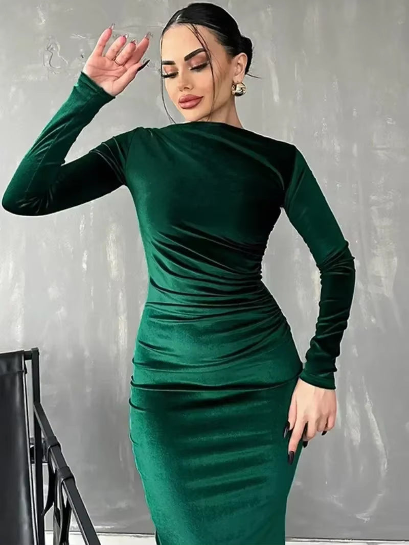 2025 Spring Elegant O-Neck Velvet Mid-Calf Dress for Women with Long Sleeves and High Waist Bodycon Design for Evening Parties