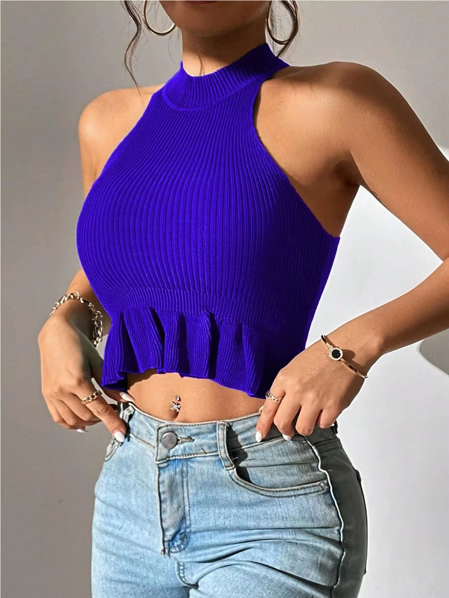 Women's Sleeveless Ruffle Hem Crop Knit Top - Casual Corset Tank for Spring/Summer