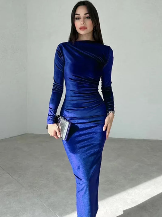 2025 Spring Elegant O-Neck Velvet Mid-Calf Dress for Women with Long Sleeves and High Waist Bodycon Design for Evening Parties