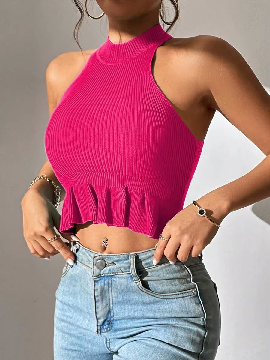 Women's Sleeveless Ruffle Hem Crop Knit Top - Casual Corset Tank for Spring/Summer