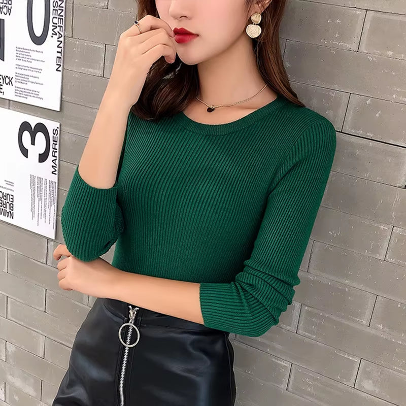 Winter-Spring Women's Crew Neck Striped Knit Sweater - Slim Stretchable Korean Pullover Top